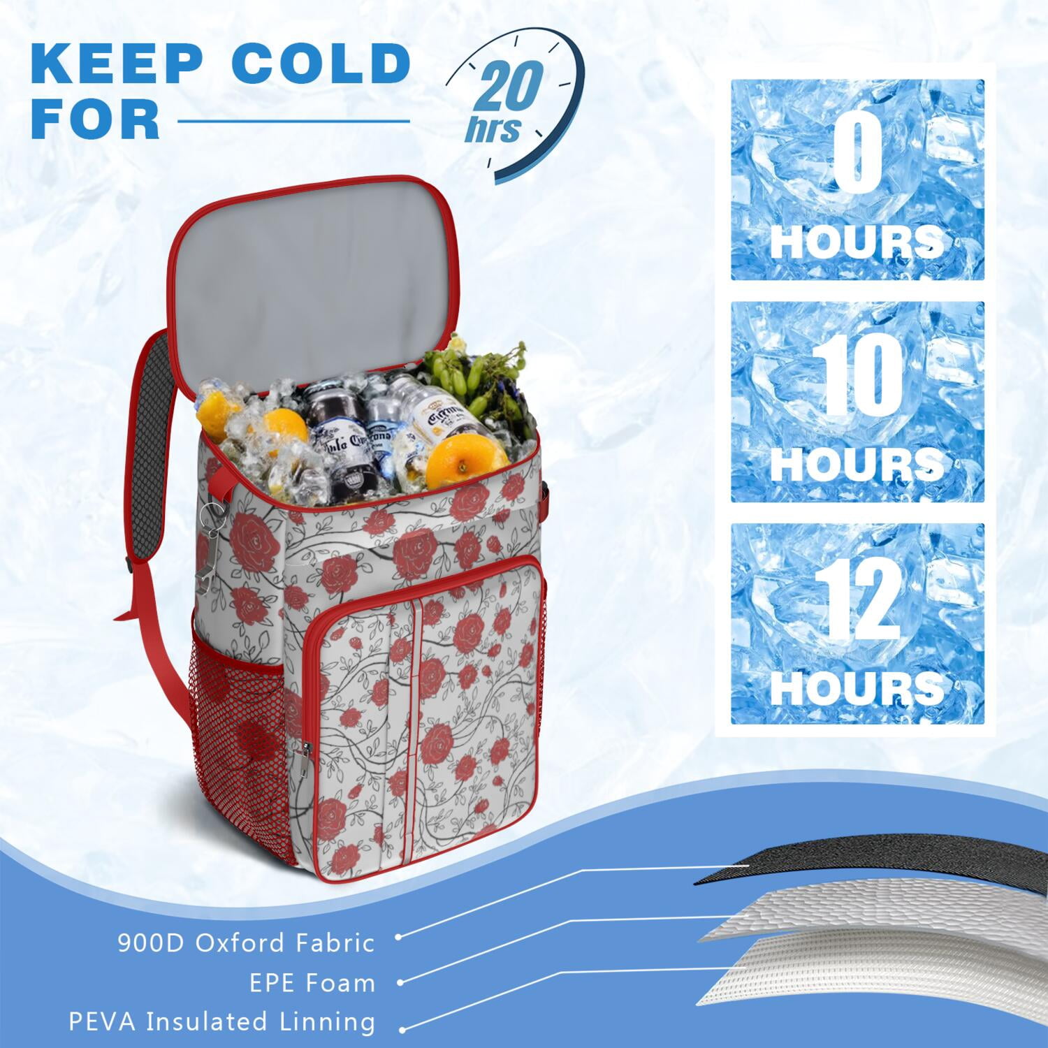 Travel Cooler Bag - Pioneer Flower Floral Print Pattern Camping Beer Cooler Backpack with Bottle Opener- Waterproof Insulated Picnic Backpacks - Cooler Bag for Beach