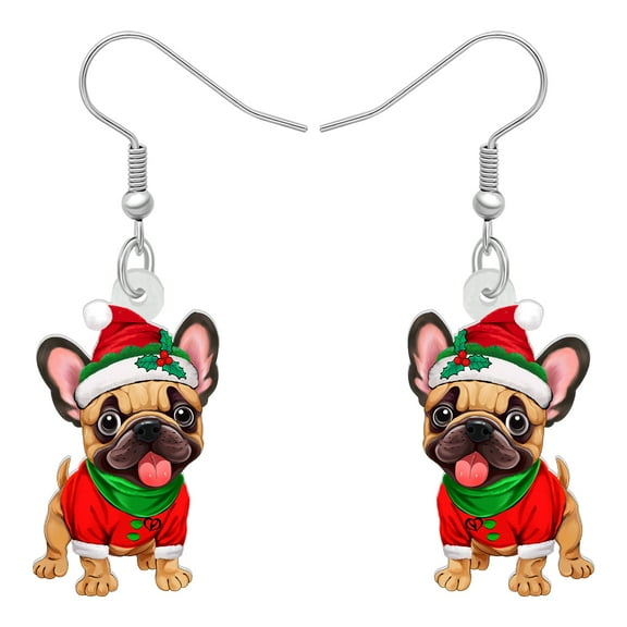 NEWEI Christmas Day Acrylic Adorable Santa Hat French Bulldog Earrings Funny Christmas Costume Puppy Dangle Lightweight Jewelry For Women Dog Lovers Charms Holiday Gifts