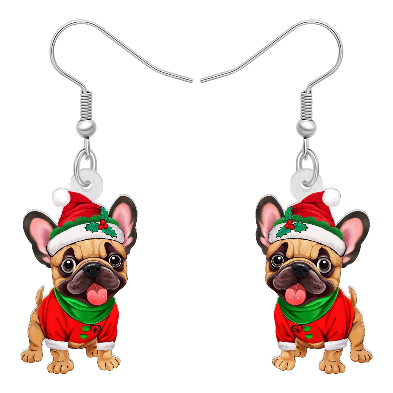 NEWEI Christmas Day Acrylic Adorable Santa Hat French Bulldog Earrings Funny Christmas Costume Puppy Dangle Lightweight Jewelry For Women Dog Lovers Charms Holiday Gifts
