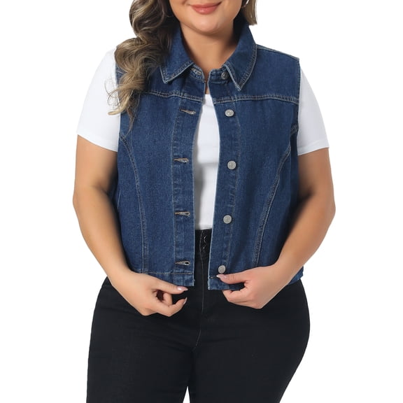 Agnes Orinda Women's Plus Size Denim Vests Lapel Sleeveless Button Down Cropped Jean Vest with Pocket 1X Dark Blue