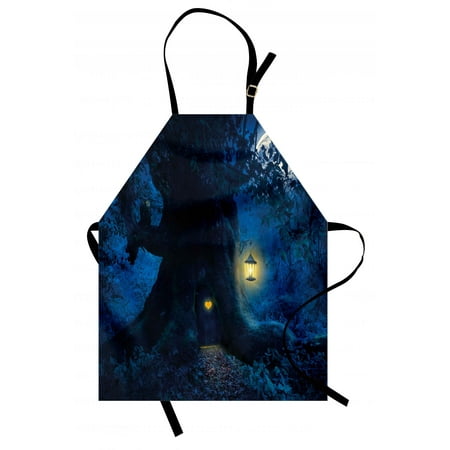 Forest Apron Magical Night with Little Home in Trunk of Ancient Tree Enchanted Forest Fairytale Theme, Unisex Kitchen Bib Apron with Adjustable Neck for Cooking Baking Gardening, Blue, by