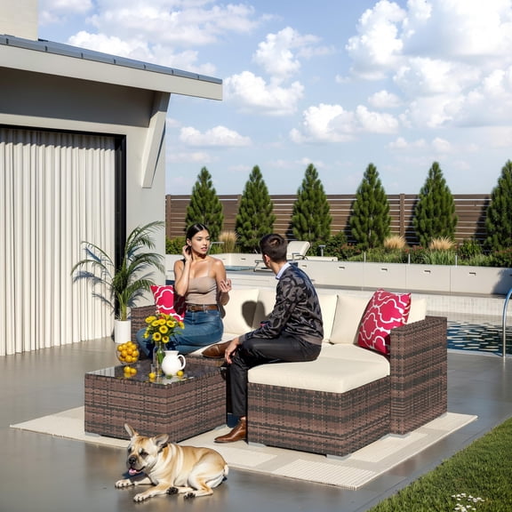 5 Pieces Patio Furniture Sets, Outdoor Patio Furniture Set, Wicker Patio Rattan Outdoor Sofa Furnitures with Anti-Slip Cushion and Glass Table, Patio Conversation Sets for Porch, Garden
