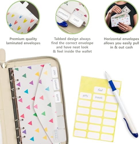 Cash Envelope Wallet Beige All in One Budget System RFID Blocking with 12x Tabbed Cash Envelopes 12x Monthly Budget Cards 1x Yearly Budget Planner Sheet Complete Money Organizer Set for Cash