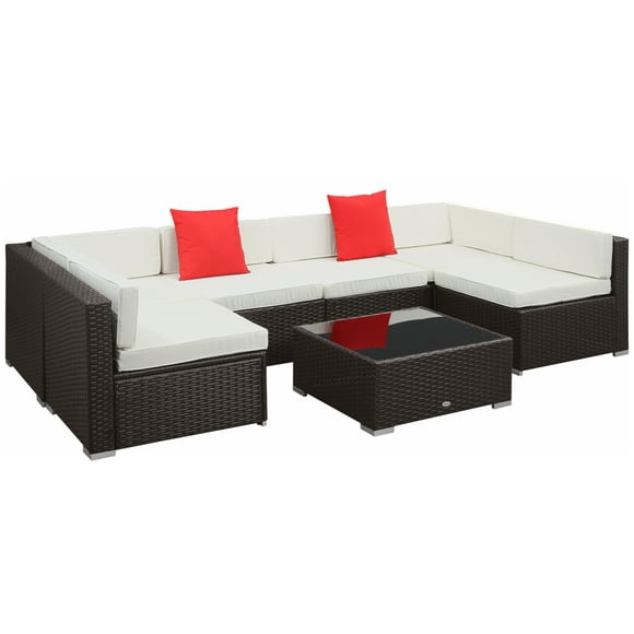 Outsunny 7 Piece Patio Furniture Set, PE Rattan Outdoor Conversation Set with Sectional Sofa, Glass Tabletop, Cushions and Pillows for Garden, Lawn, Deck, Coffee and Cream White