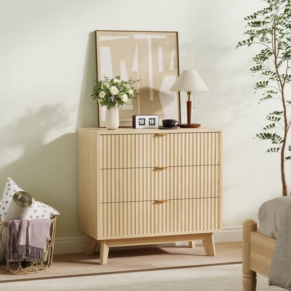Eastvita Modern 3-Drawer Mid - Century Dresser/30.94 Inch Tall Waveform Fluted Side Table in Natural Oak for Bedroom/Living Room/or Hallway