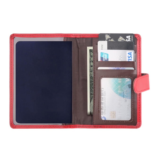 Dedicated Passport ID Card Cover Holder Case Protector Organizer made of leather, shown in an open position. Features multiple compartments for holding a passport, cards, and cash. The case is red on the exterior with a brown interior and measures approximately 14cm x 9cm (5.5 inches x 3.8 inches).