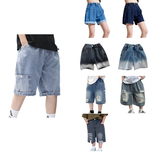 Antinious Toddler Boys Solid Elastic Waist Versatile Ripped Denim Cargo Half Shorts Jeans
