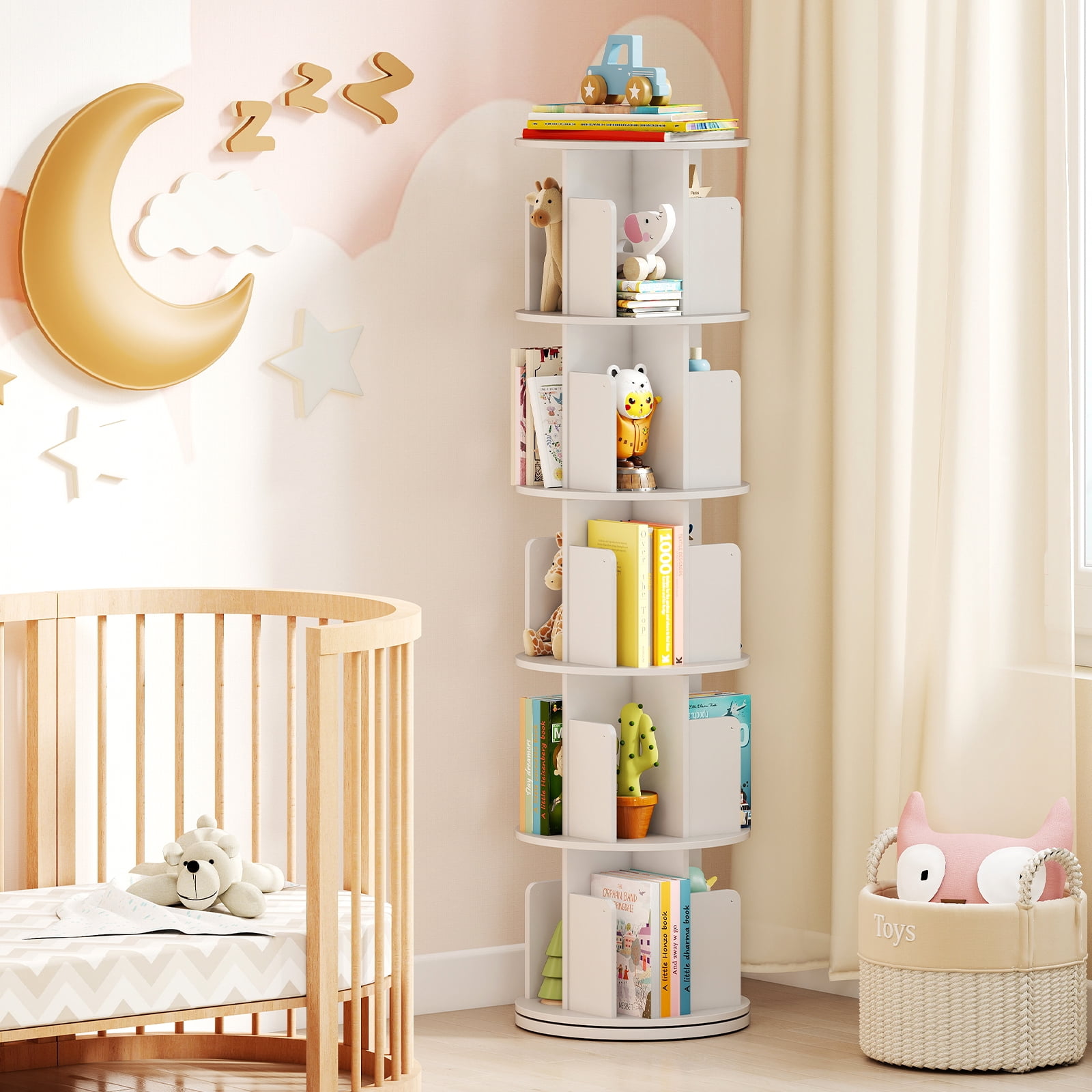 Costway 2 PCS 5-Tier Rotating Bookshelf 360° Display Rack Dividers & Anti-falling Baffles White