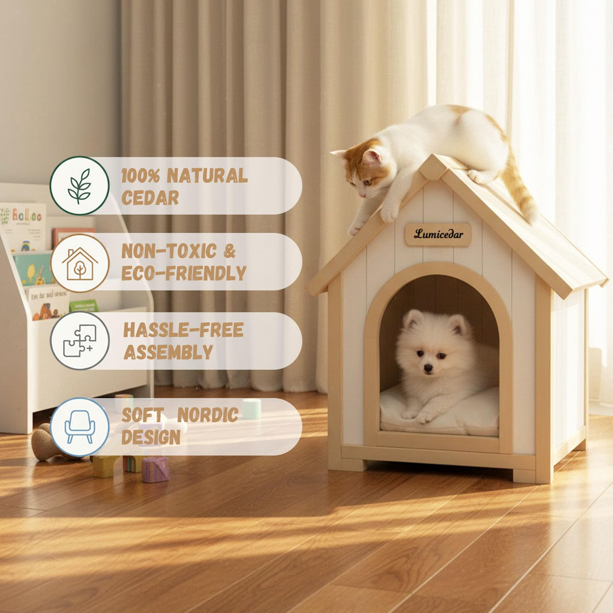 S-HOME FSC Solid Cedar Pet House - Cream Yellow Cabin Style Shelter for Small Dogs and Cats, Comfortable Haven