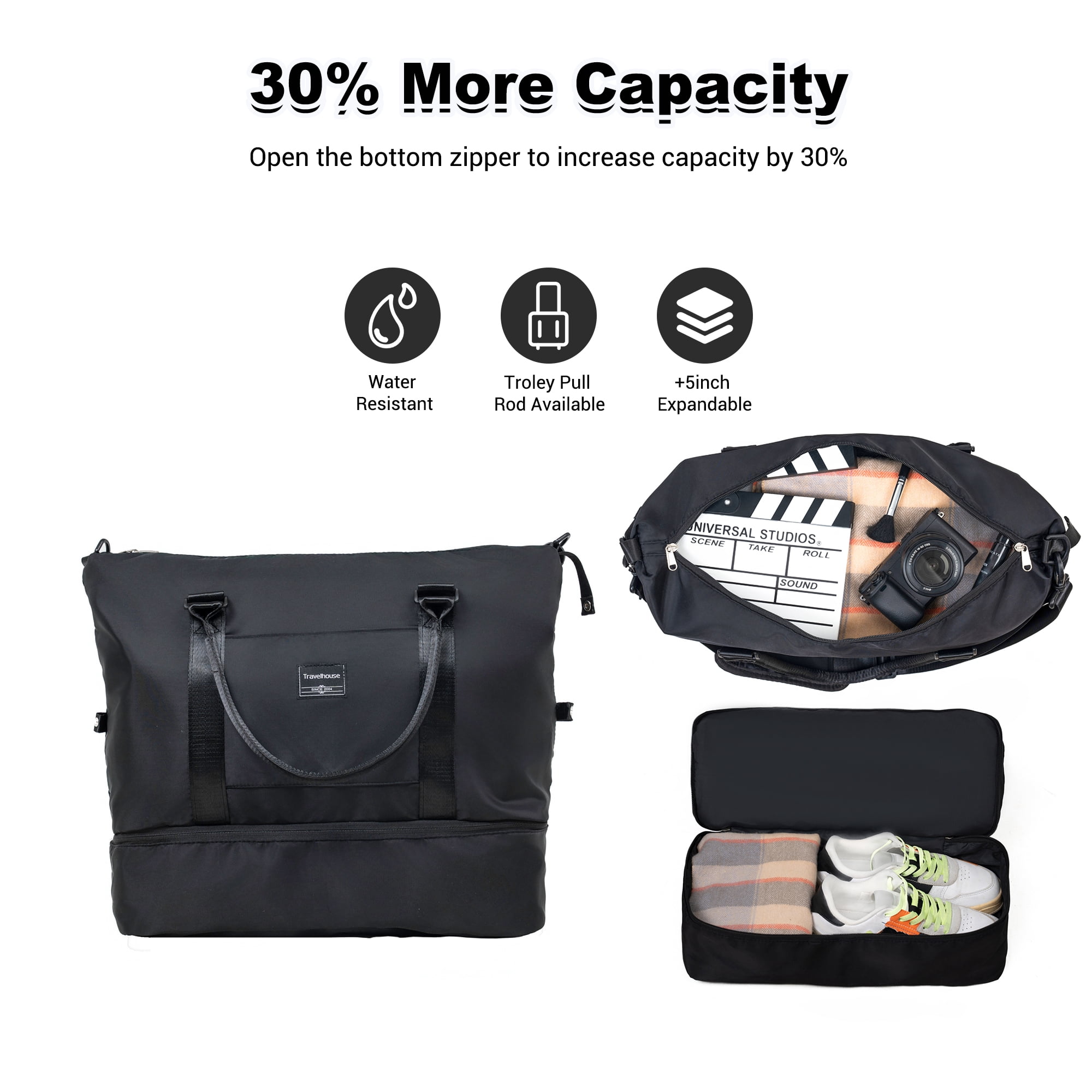 Travelhouse 5-Piece Hardside Luggage Set Spinner Lightweight Suitcase with TSA Lock & Duffel Bag,Black