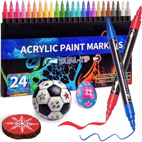 24 Colors Acrylic Paint Pens, Dual Tip Waterproof Markers, Quick Dry High Pigment Paint Pens for Rock Painting Wood Canvas Ceramic Glass DIY Art Crafts
