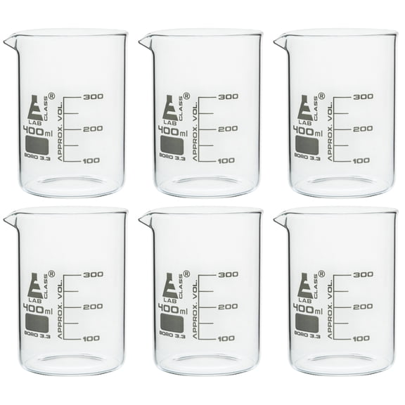 6PK Beakers, 400ml - Griffin Style, Low Form with Spout - White, 50ml Graduations - Borosilicate 3.3 Glass - Eisco Labs