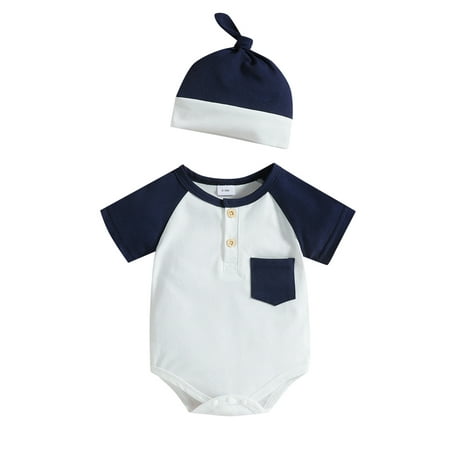 

Binpure Newborn Boy Outfits Contrast Color/Striped Short Sleeve Romper + Hat