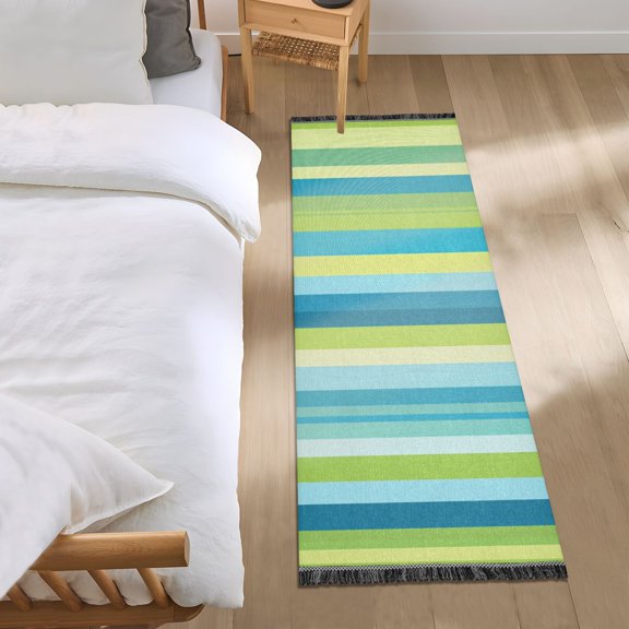 Blue Green Vertical Stripes Bedside Runner Rug 2'x 6' Non Slip Carpet Floor Mat Area Rug