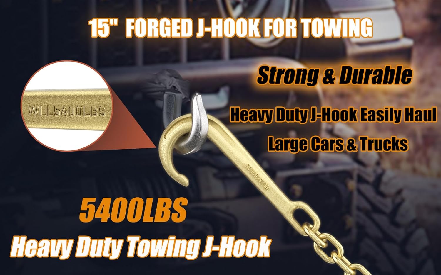 2PCS 15" Heavy Duty J Hooks for Towing, Yellow Zinc Plated Tow J Hook Grade 70 Clevis J Hook for Transport Chain, 5400LBS Capacity Heavy Load