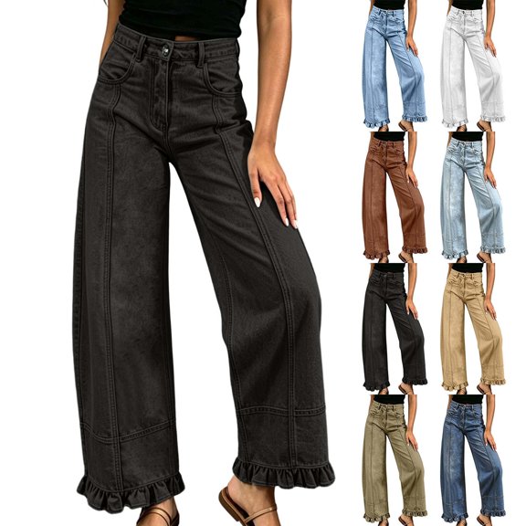 Xaqiouau Womens Jeans Wide Leg High Waisted Straight Ruffle Hem Denim Pants Casual Loose Fit Vintage Straight Leg Trousers