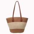 thumbnail image 3 of Bolso de mano de moda para mujer con bolso de paja tejido a rayas con cremallera para ir de compras y trabajar, 3 of 3