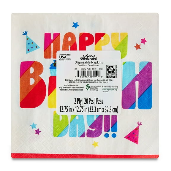 6.5" x 6.5" Disposable Multicolor Happy Birthday Paper Lunch Napkins, 20 Count, by Way To Celebrate