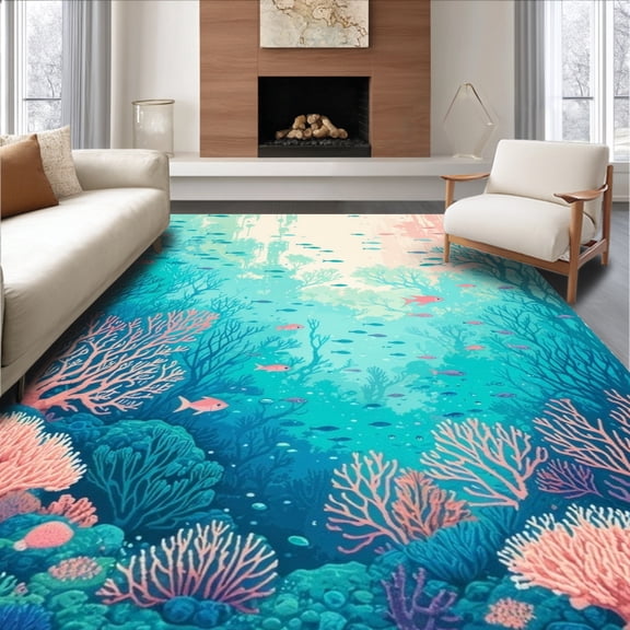 ODIKA 4'x6' Machine Washable Non-Slip Area Rug, Abstract Coral Reef Inspired With Flowing Shapes High Traffic Rug, Teal, 183372