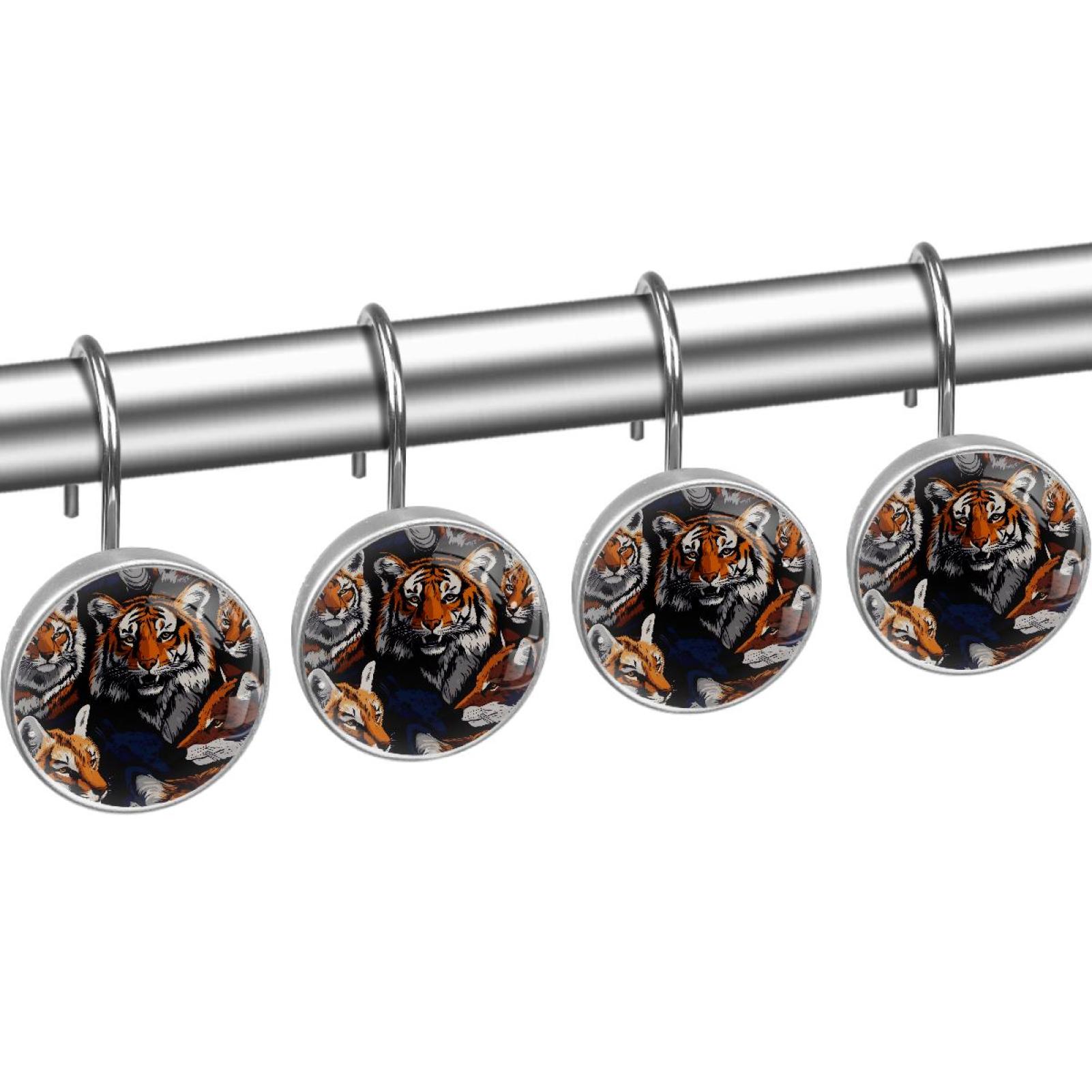 Tigers anf Fox Shower Curtain Hooks Round Crystal Glass, Set of 12 Shower Curtain Rings - Shower Hooks for Curtain Shower Rings