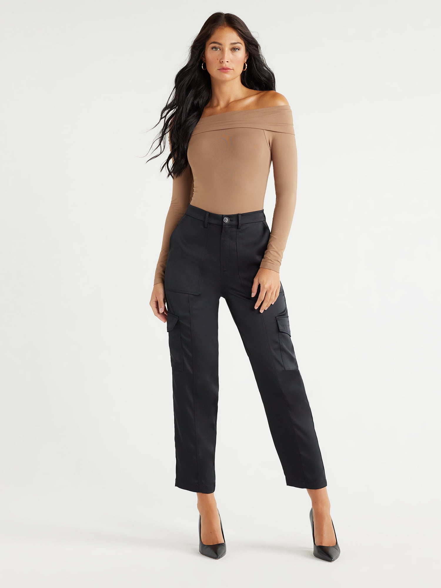 Sofia Jeans Women's High Rise Satin Cargo Pants, 27 Inseam, Sizes 00-22 