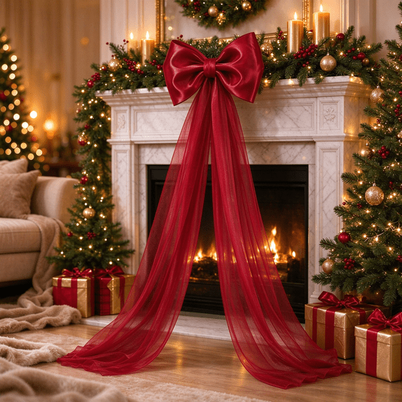 Extra Large Red Christmas Bow Decoration with Long Tulle Streamers for Window Display Party and Christmas Tree Holiday Decor 23.62 x 78.74 Inch