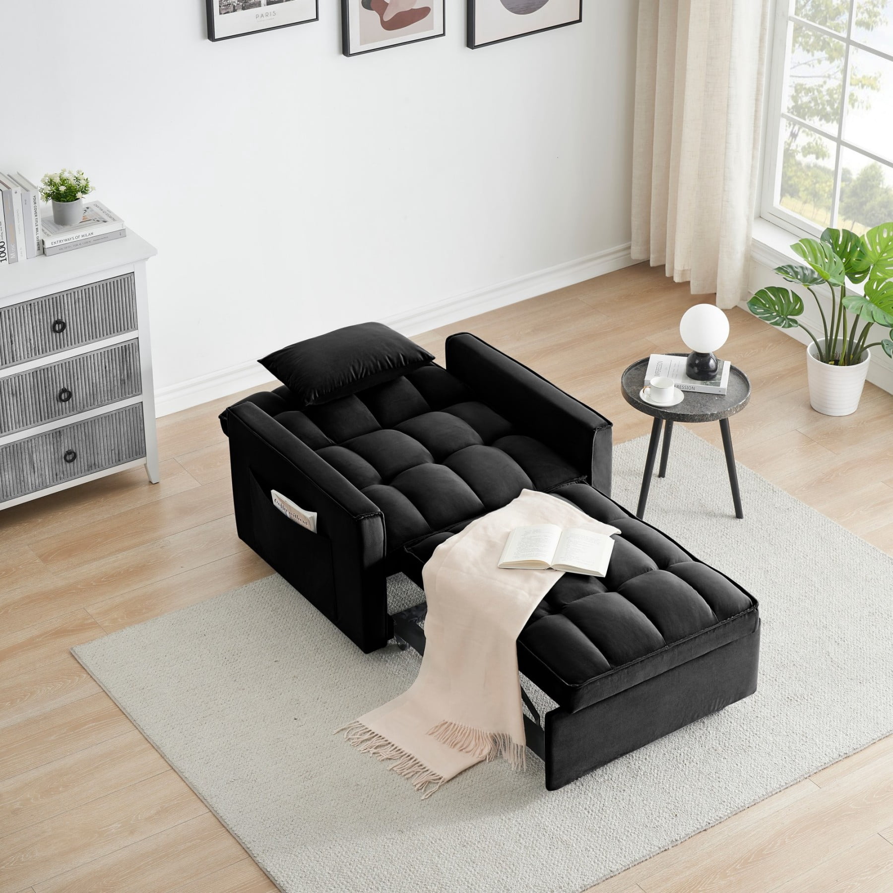 3-in-1 Convertible Sofa Bed Chair, Adjustable Recliner Sleeper Couch for Small Spaces Living Room Office, Black