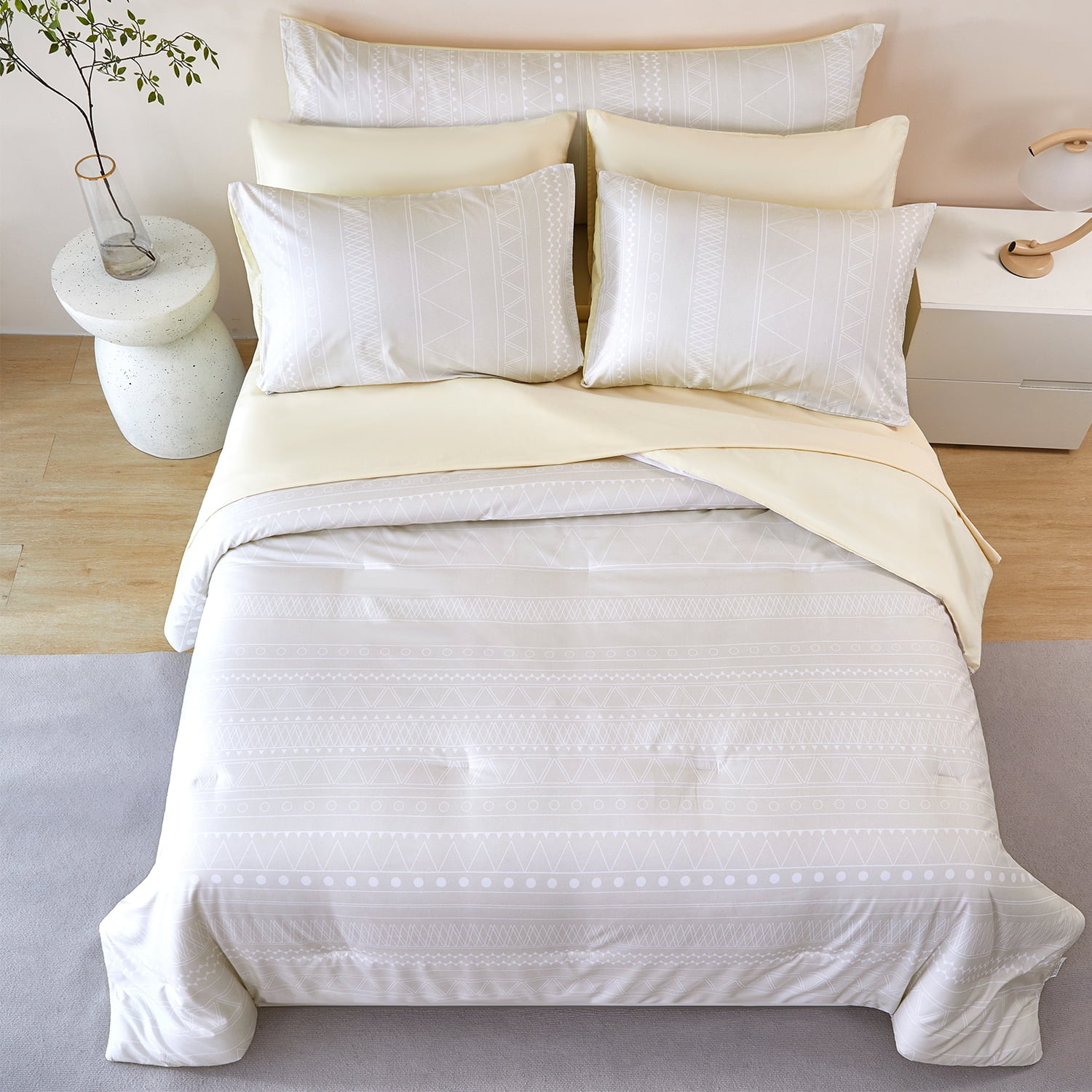 RYNGHIPY Boho Comforter Set Full Vintage 8-Pieces Cream Striped Bedding Sets Soft Microfiber Geometric Print Bed in a Bag for All Season (Cream, Full)