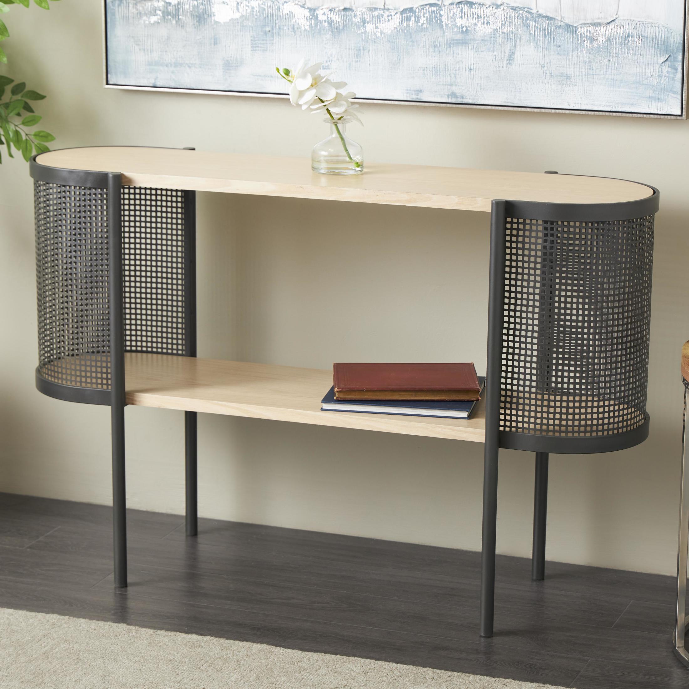 DecMode 48" x 32" Light Brown Wooden Oval Two-Toned Console Table with Mesh Side Panels and Brown Wood Tabletop, 1-Piece