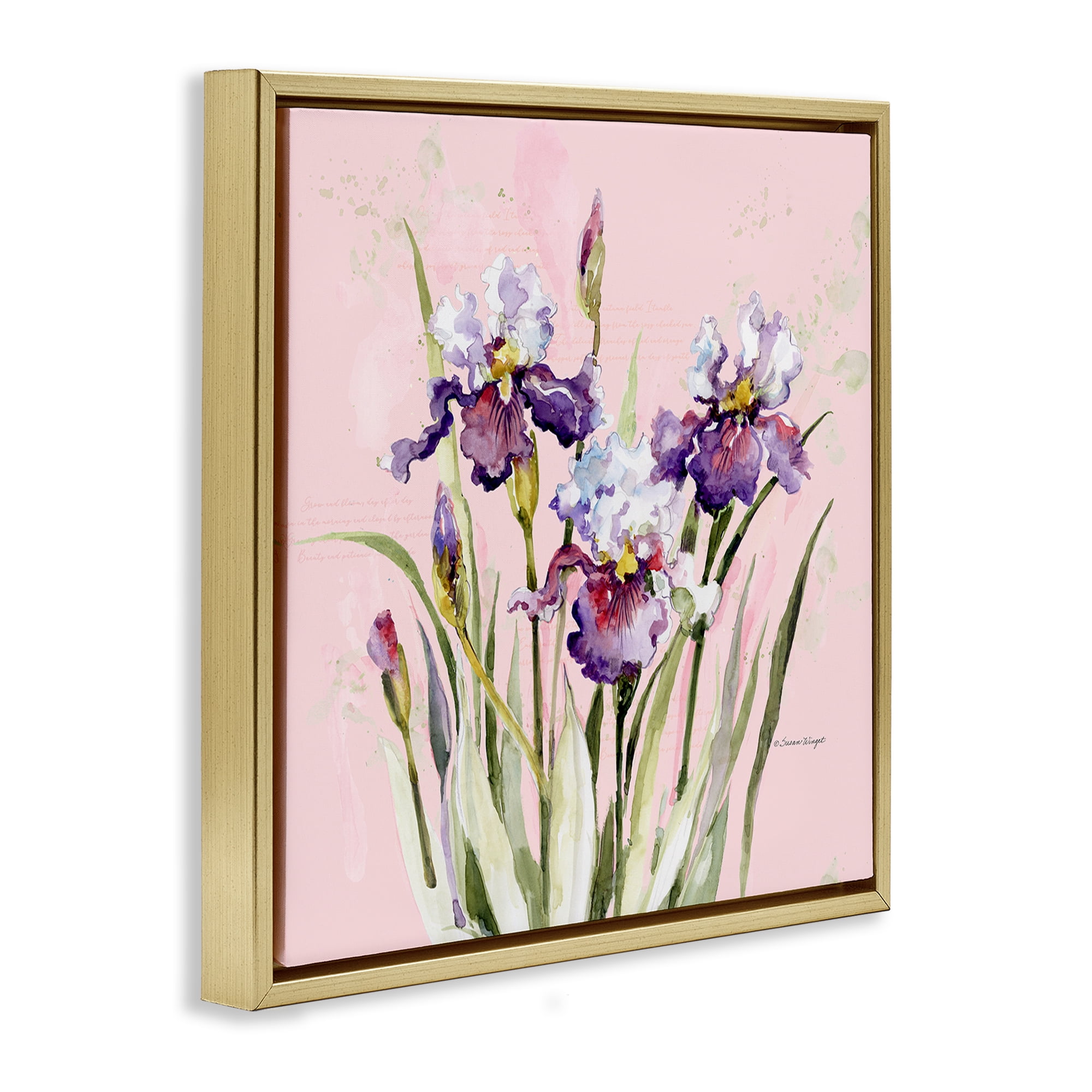 Stupell Industries Purple Irises on Pink Gold Framed Floater Canvas Wall Art, design by Susan Winget