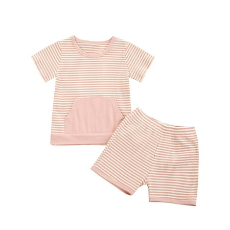 

Fesfesfes Toddler Baby Stripe Short-sleeved Pullover Shorts Pocket Solid Color Suit