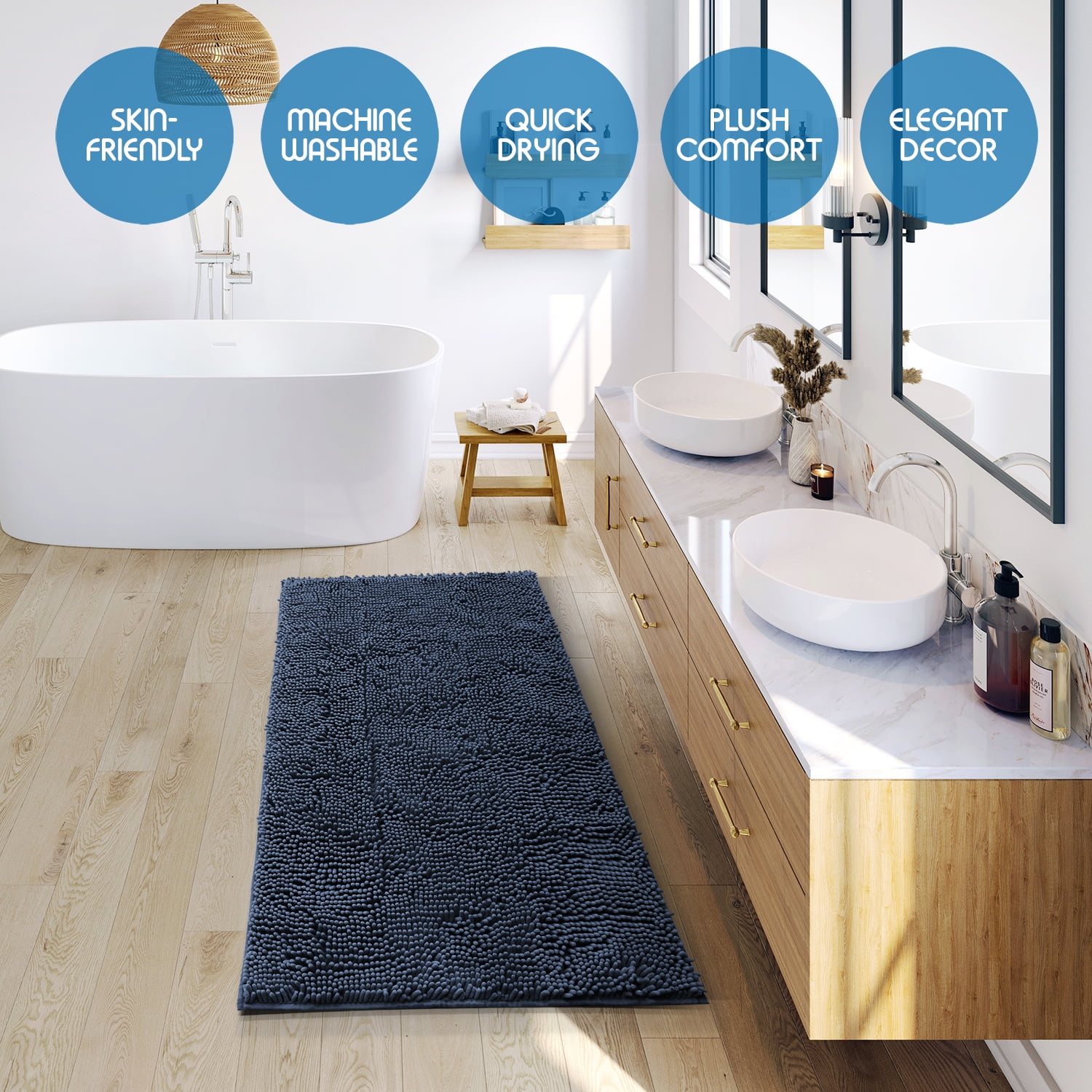 Nestl Bathroom Rugs, Machine Washable Bath Mats For bathroom Floor Rugs, Nonslip Backing Rubber Bath Rug, Navy