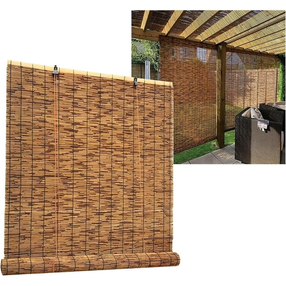 Bamboo Blackout Blinds for 12-72in Wide Windows, 48-84in Length Retro Bamboo Roller Blinds, Outdoor Roller Shades Sun Protection Cordless Privacy Partition for Porch Patio Roll Up Shades(72"W x 84"H)
