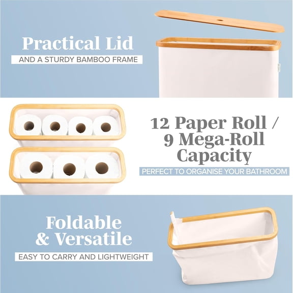 Toilet Paper Storage for 12 Rolls, Stackable & Foldable - The Ultimate Bathroom Organizer - Waterproof Basket with Bamboo Lid - Elegant Toilet Paper Storage Holder, Beige
