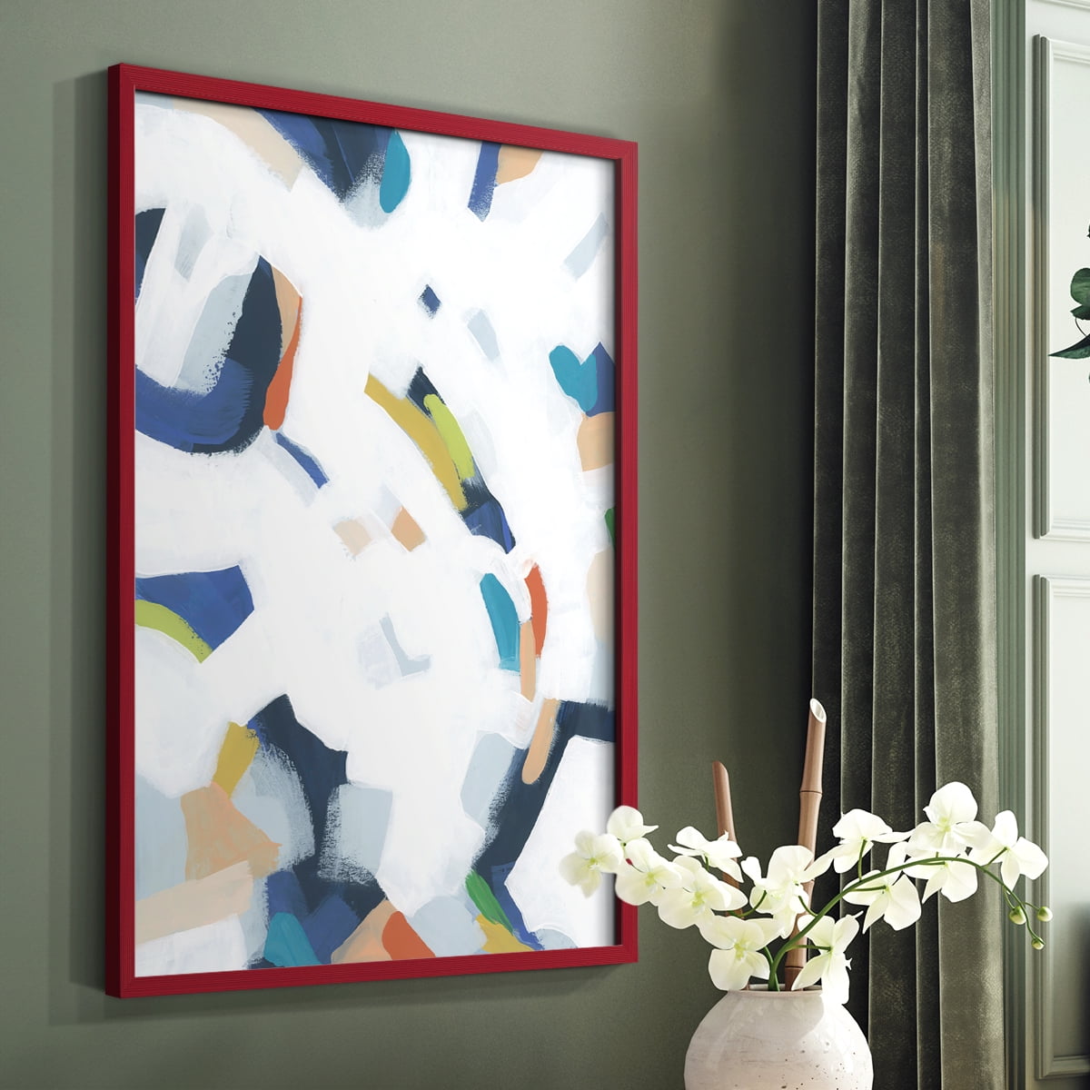 Bright Orbit I Framed Print in Red Solid Wood Framed Print No Nail Hanging