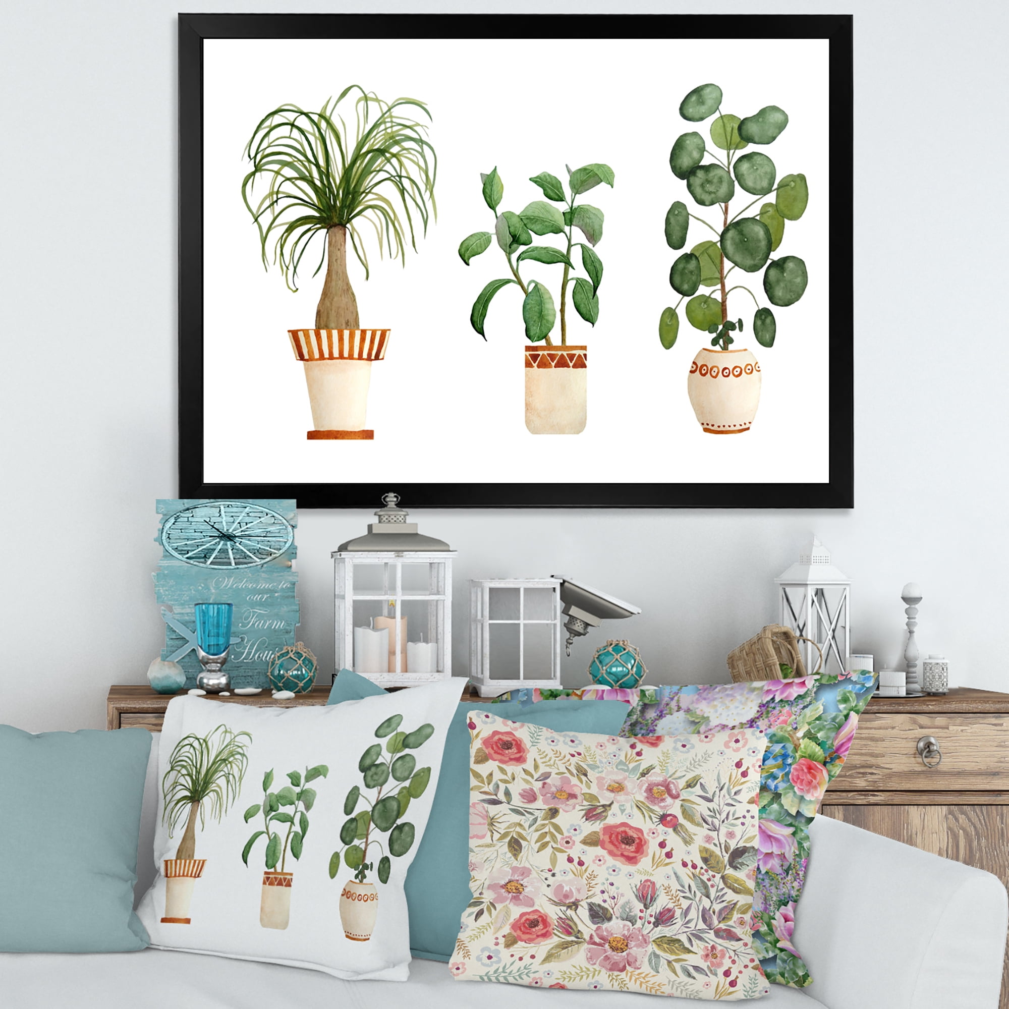 Designart 'Trio of House Plants Ficus Ponytail and Palm' Traditional Framed Art Print