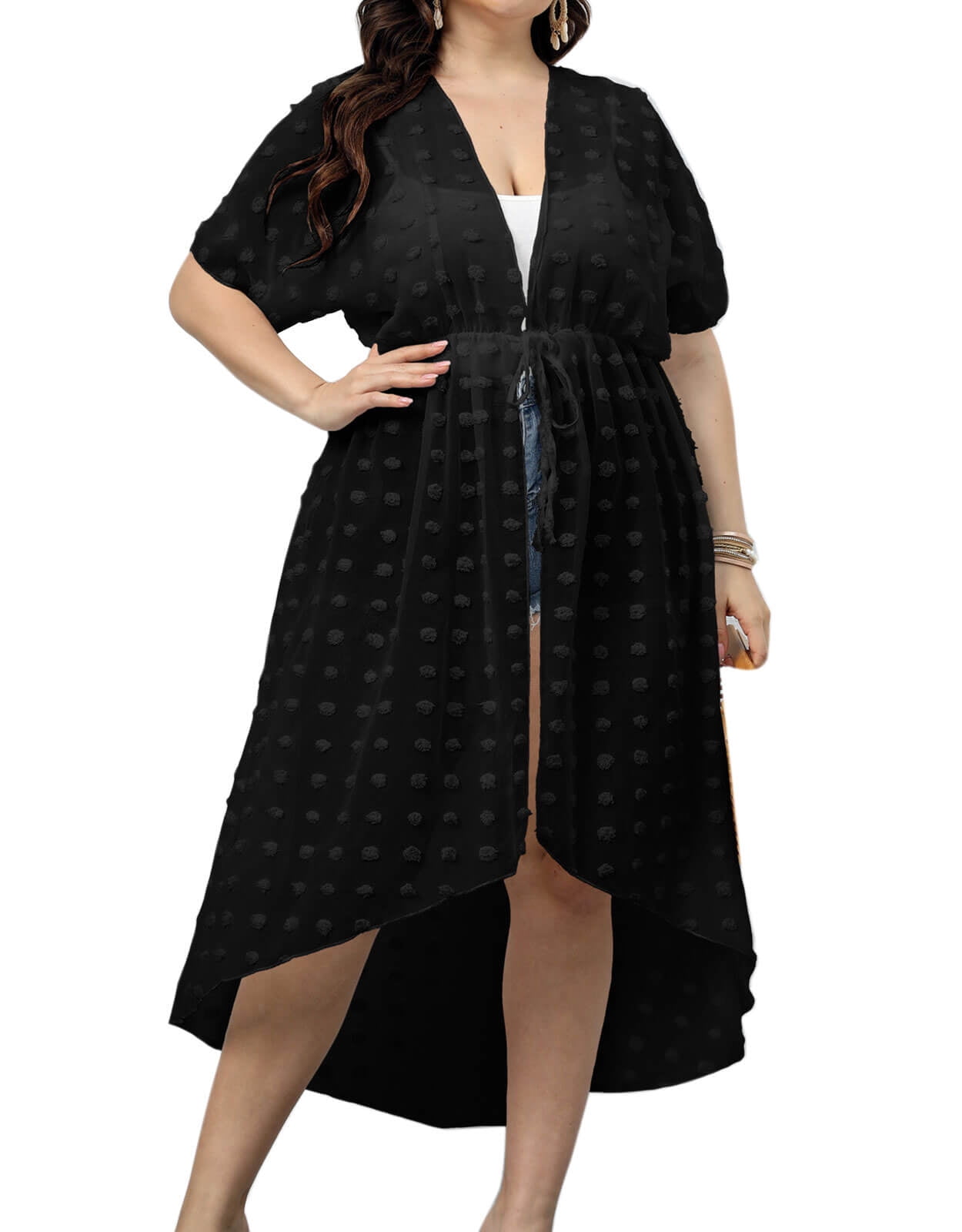 Plus Size Women Beach Bikini Cover Up Beachwear Black Lace Kimono Cardigan Swimsuit Coverup Cover Ups Alsol Lamesa