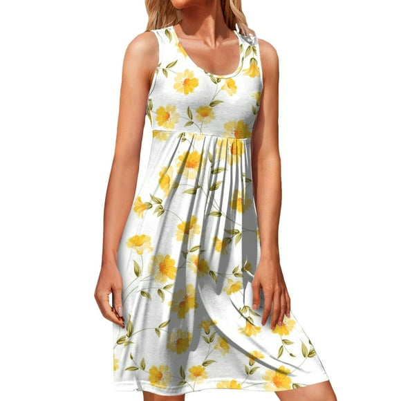 asddcavvf Dresses for Women Women Casual Loose Tank Dresses Summer Floral Print Pleated Sleeveless S