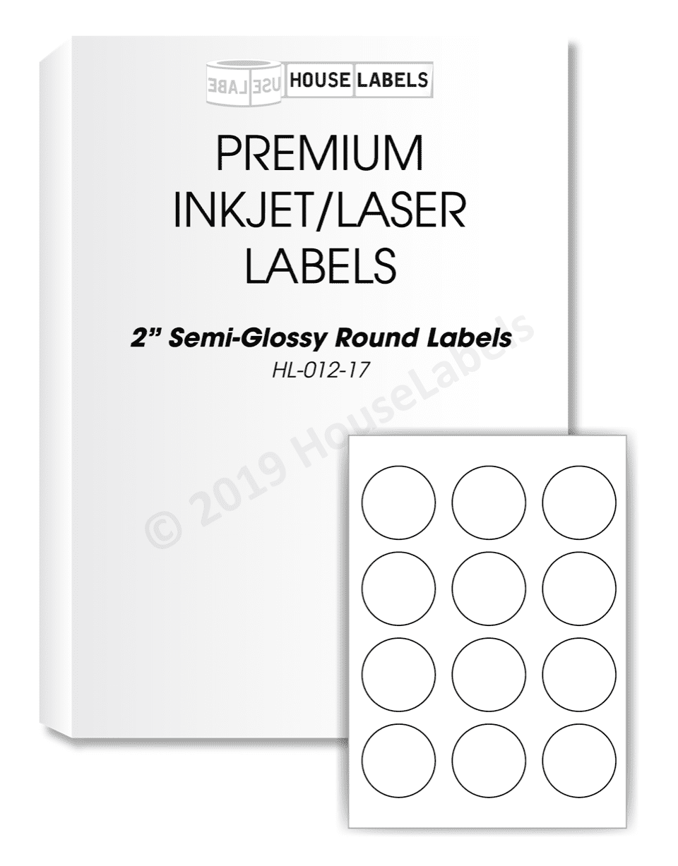 White 2” Round GLOSSY Labels, 12 Labels Per Sheet, for Inkjet and Laser