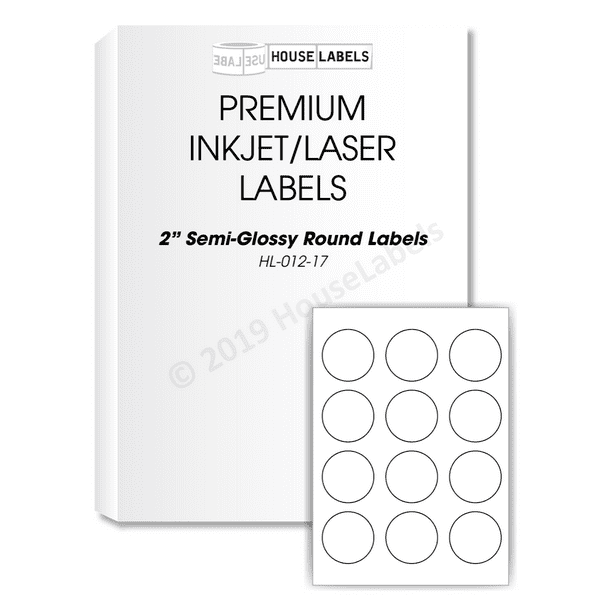 White 2” Round GLOSSY Labels, 12 Labels Per Sheet, for Inkjet and Laser