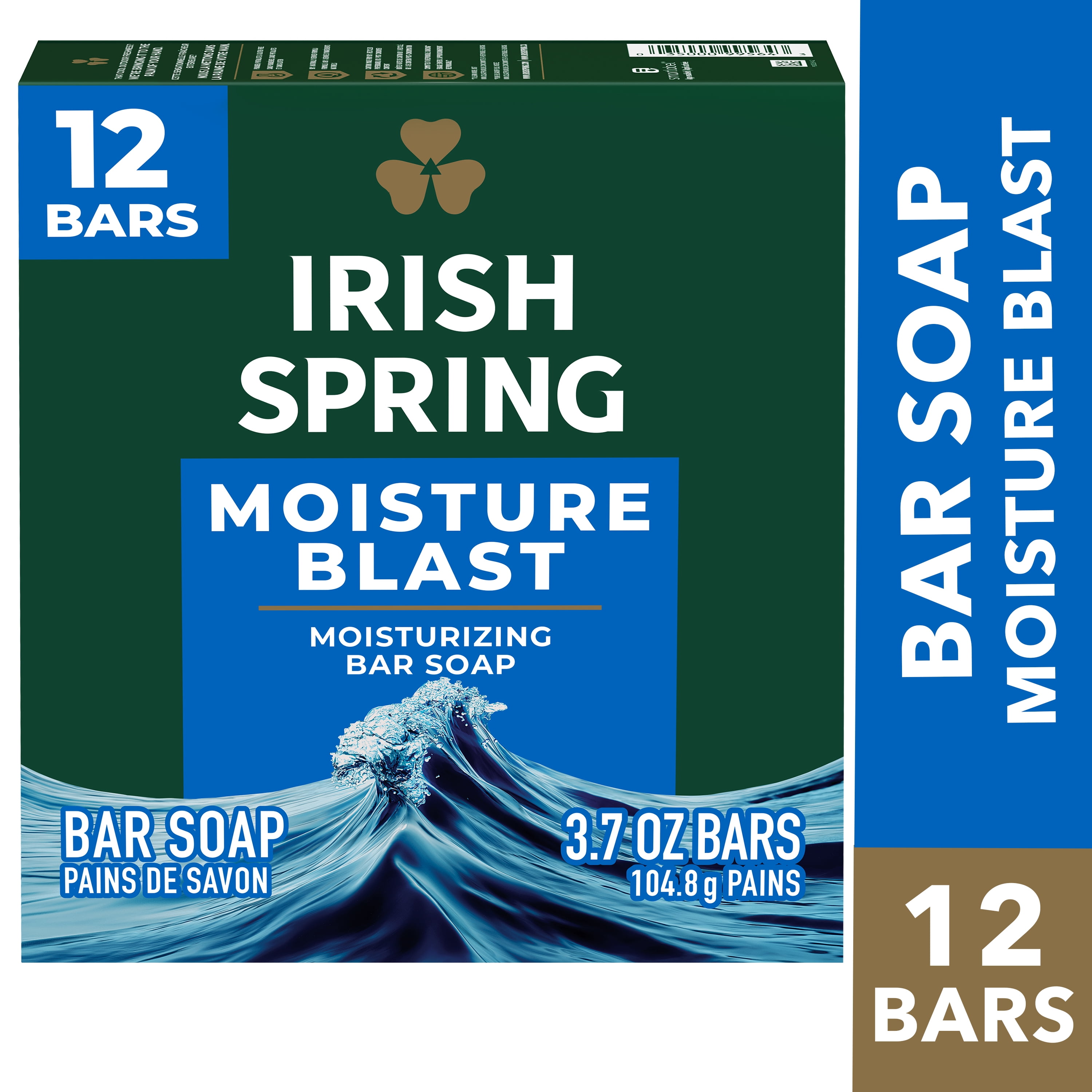 Irish Spring Bar Soap for Men, Moisture Blast Deodorant Bar Soap, 3.7 Oz, 12 Pack