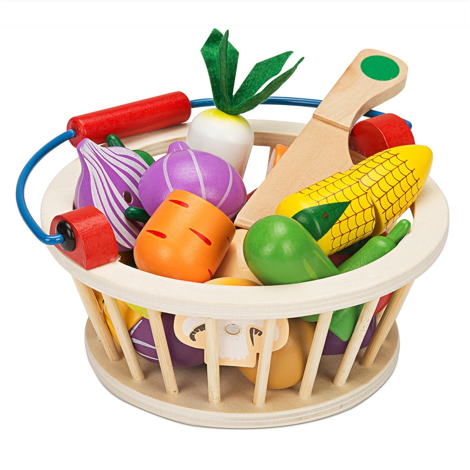 Victostar Magnetic Wooden Cutting Fruits Vegetables Food Play Toy Set with Basket for Kids