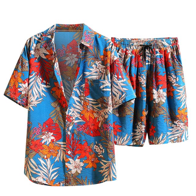 Traje de pantalones cortos de camisa de un solo pecho de manga corta casual y cómodo de moda para hombres Pompotops oipoqjl35348