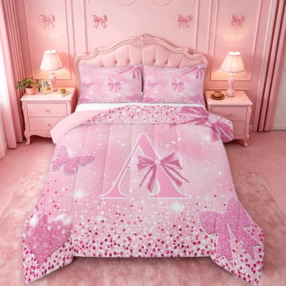 Homewish Glitter Bowknot Print Monogram A Full Size Comforter Sets,Pink Cute Initial Bedding Comforter Set For Girl,Pink Reversible,3pcs,1 Comforter and 2 Pillowcases