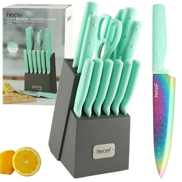 Hecef Dishwasher Safe Knife Block Set, Rainbow Titanium Coated Kitchen Knives Set with Scissors, Steak Knives