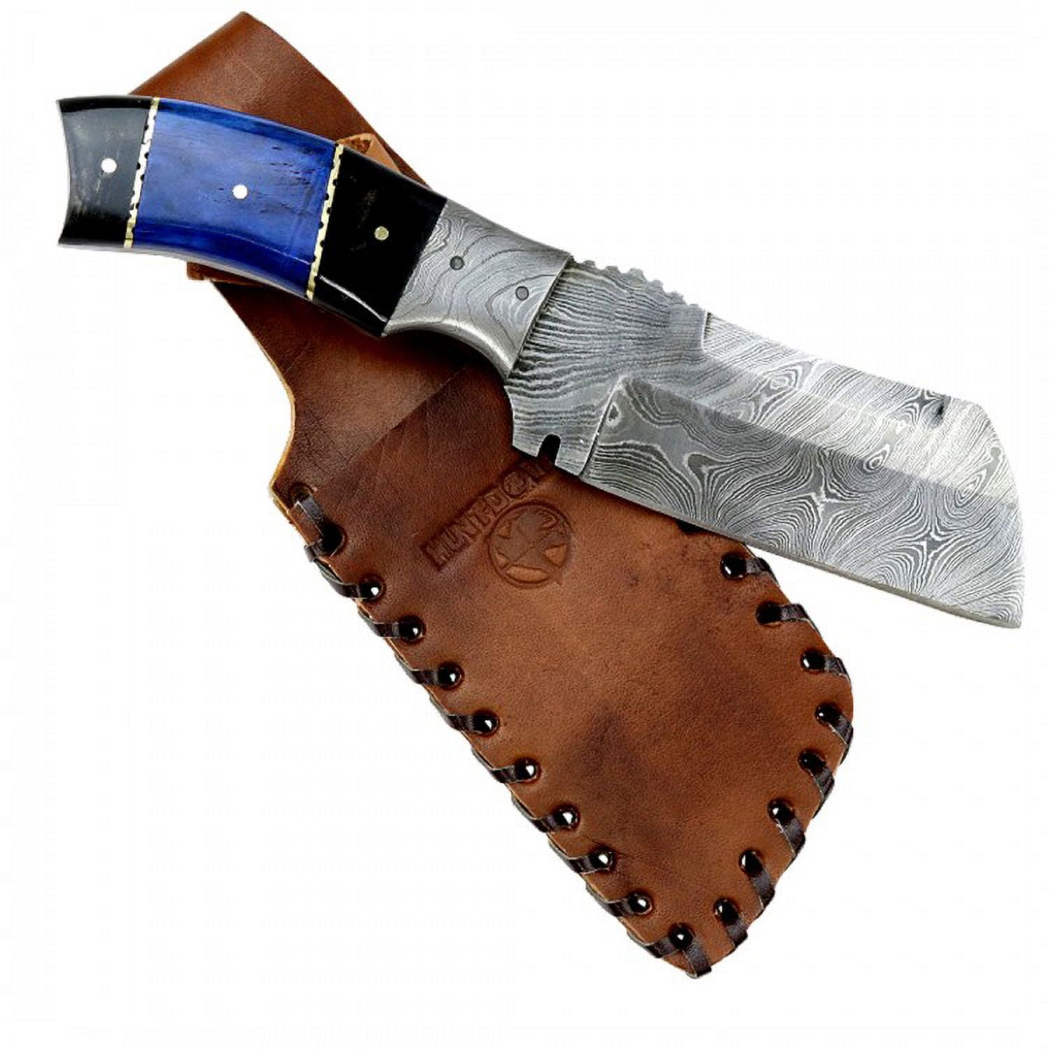 Hunt-Down 9' Damascus Blade Hunting Knife Horn Handle with Leather Sheath