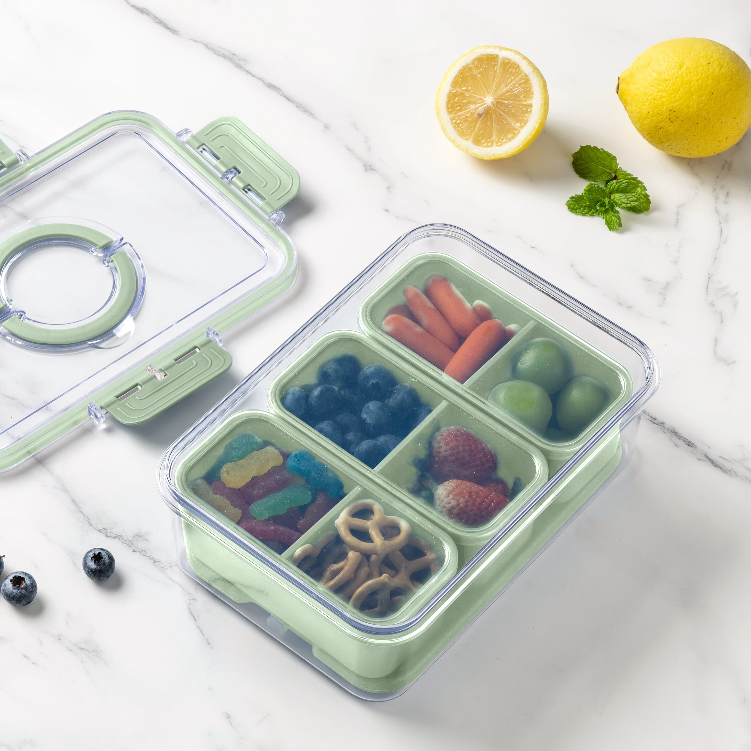 Cook with Color 3-Compartment Portable Snack Box Food Storage Container with Removable Ice Pack, Sage