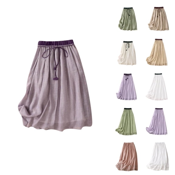 Ahuyic Womens Casual Dress,Womens Plus Size Dress,Womens Summer Loose Elastic Waist Full Length Embroidery Skirt Double Layer Flowing And Linen Gauze Skirt,White,M