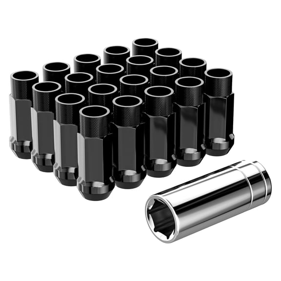 20PCS M12x1.5 Open End Bulge Acorn Black Lug Nuts - 60 Conical Seat - 50mm Height, Lug Nuts for Aftermarket Wheels with 1 Spline Key