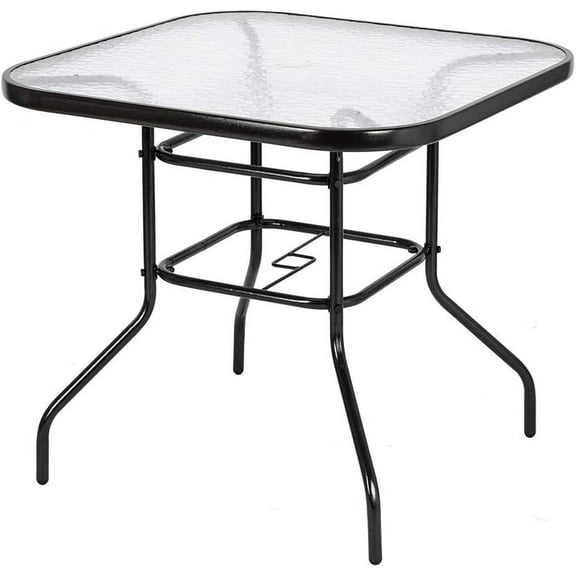PINDEE Glass Patio Table with Umbrella Hole, 32" Square Outdoor Dining Table Steel Tempered Glass Patio Table Outdoor Table for Balcony Garden Deck,appearance is exquisite, fashionable
